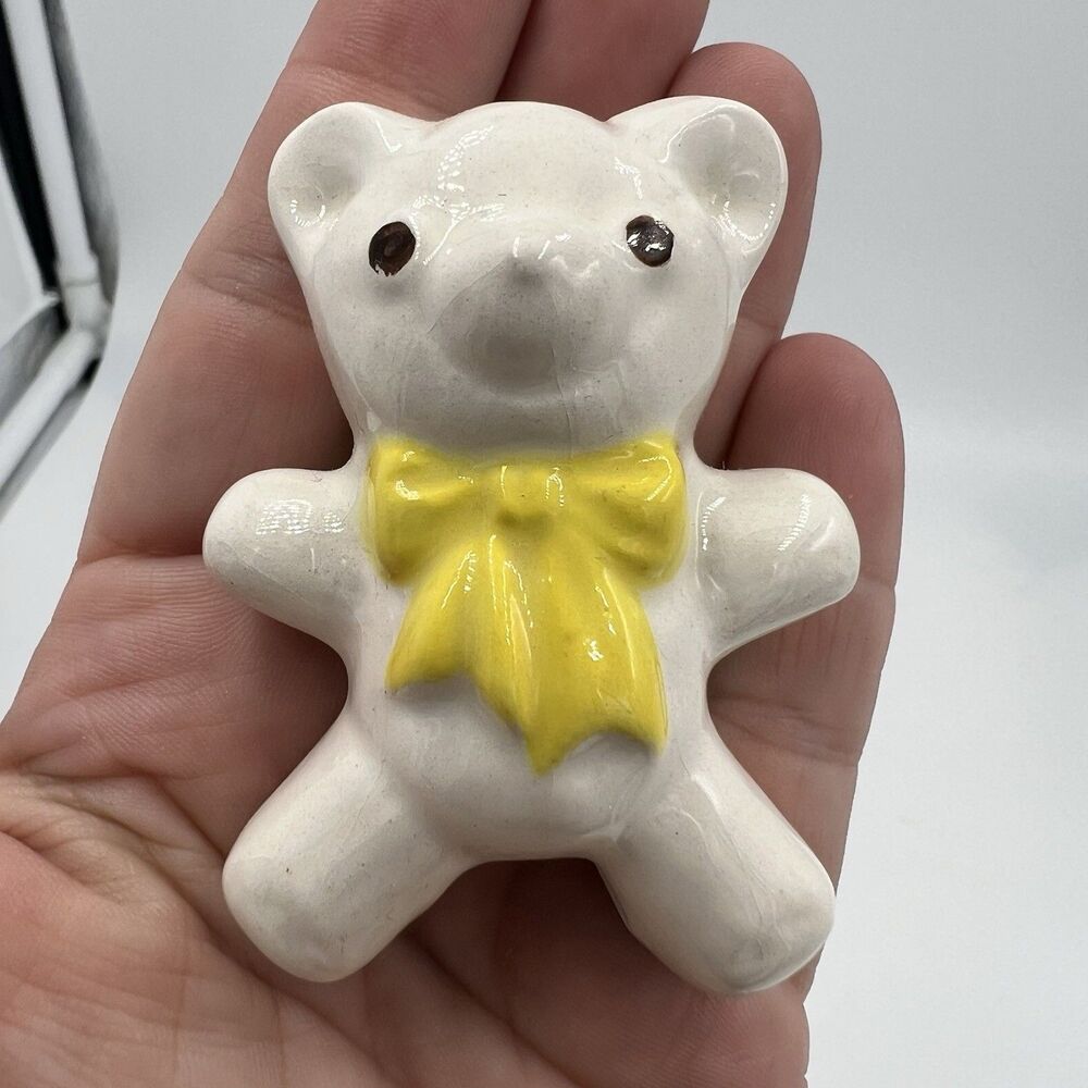 Rare Vintage Macrame Ceramic Bead Baby Bear Yellow Bow Figurine Stuffy Love